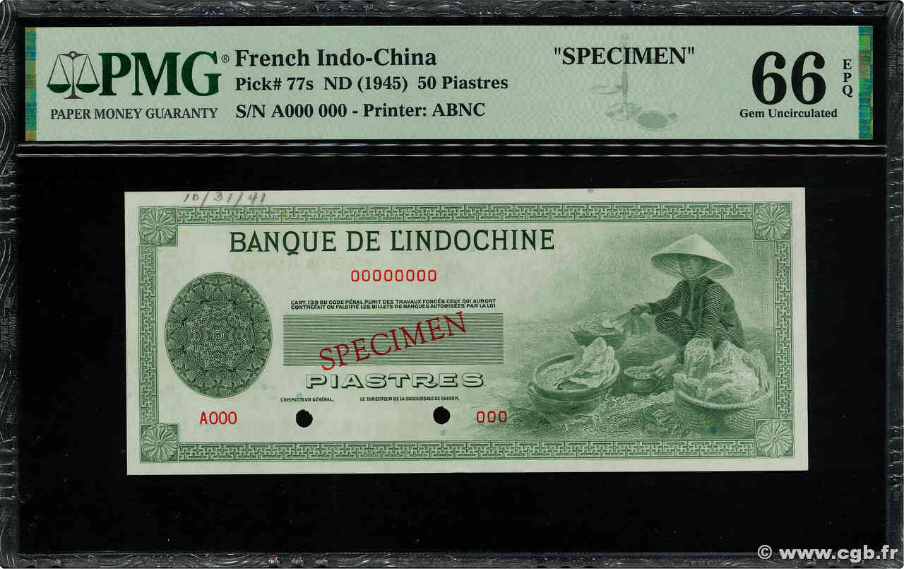 50 Piastres Spécimen FRENCH INDOCHINA  1945 P.077s UNC