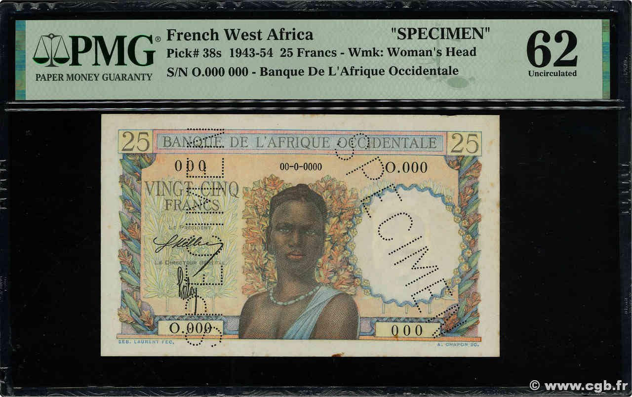 25 Francs Spécimen FRENCH WEST AFRICA  1943 P.38s SC+