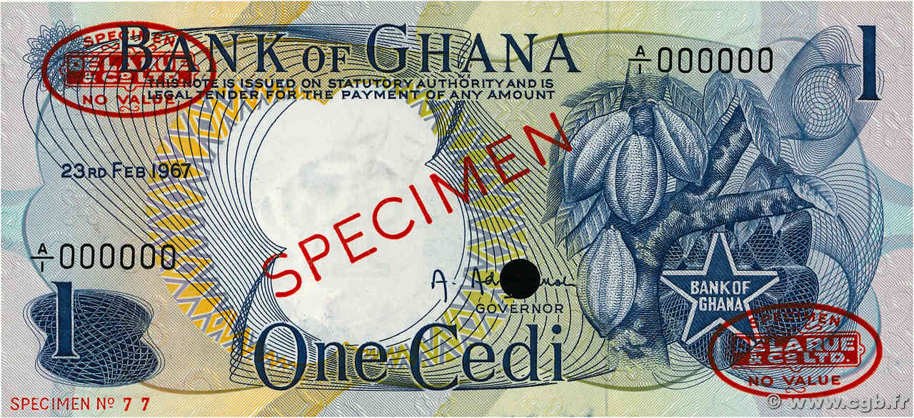 1 Cedi Spécimen GHANA  1967 P.10as NEUF