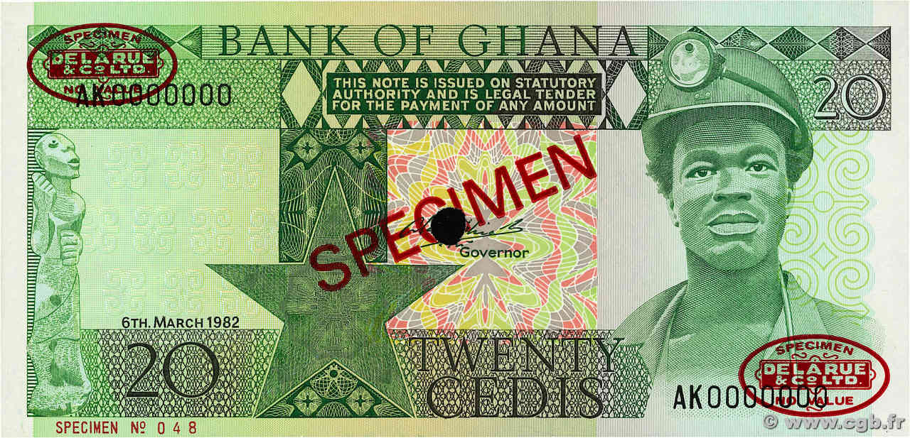 20 Cedis Spécimen GHANA  1982 P.21cs NEUF