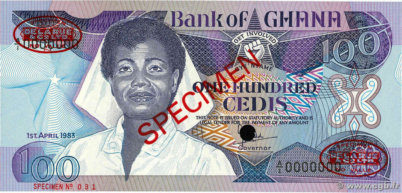 100 Cedis Spécimen GHANA  1983 P.26as UNC