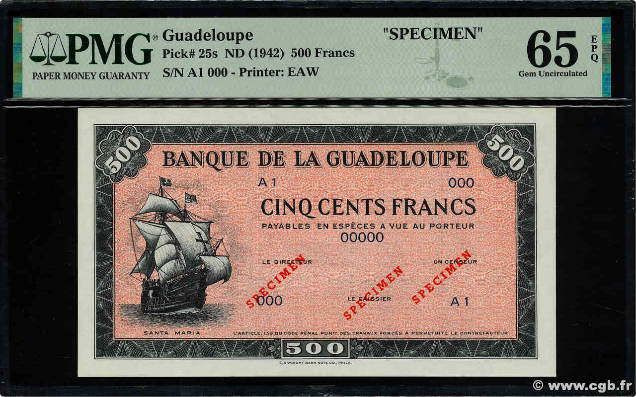 500 Francs Spécimen GUADELOUPE  1945 P.25s NEUF