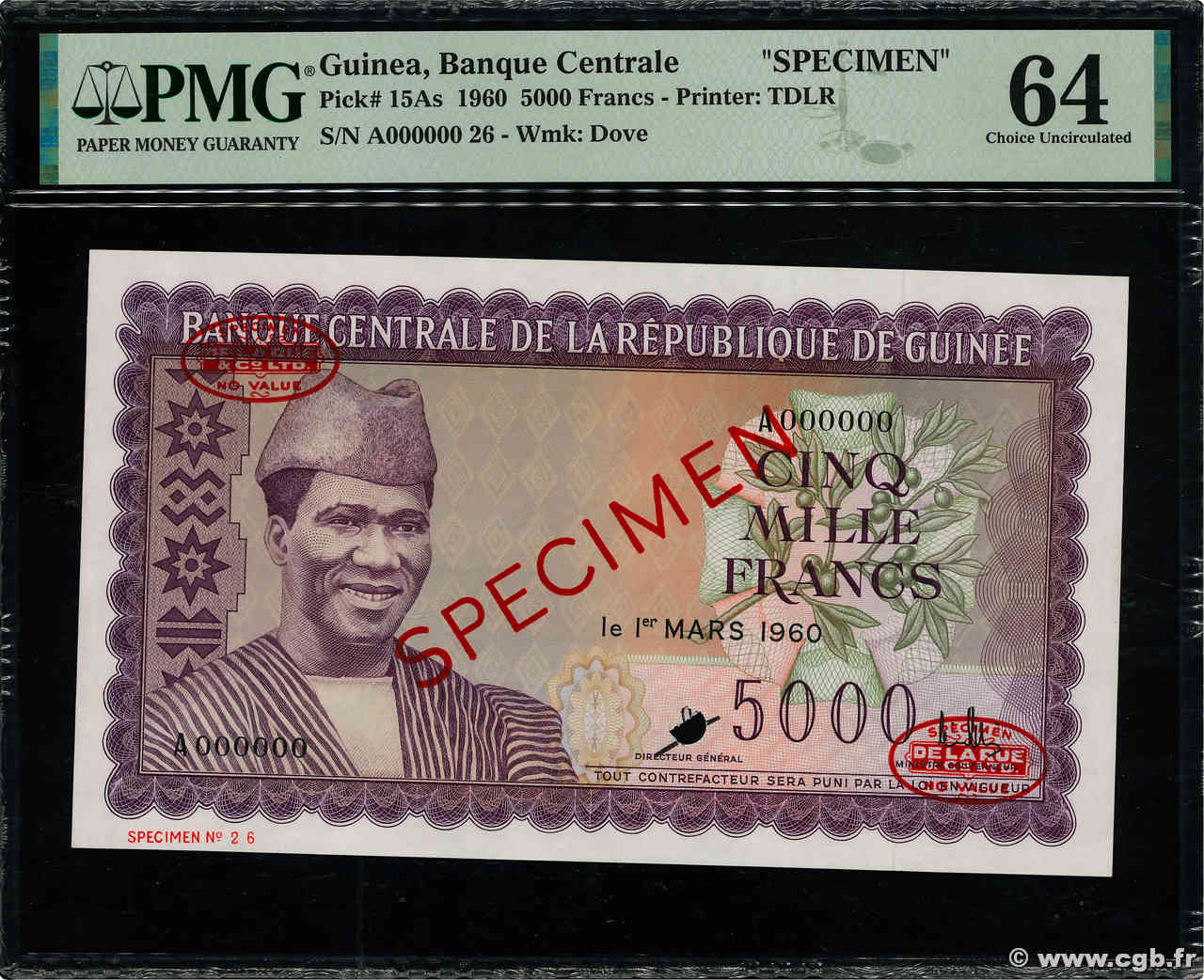 5000 Francs Spécimen GUINEA  1960 P.15As UNC-