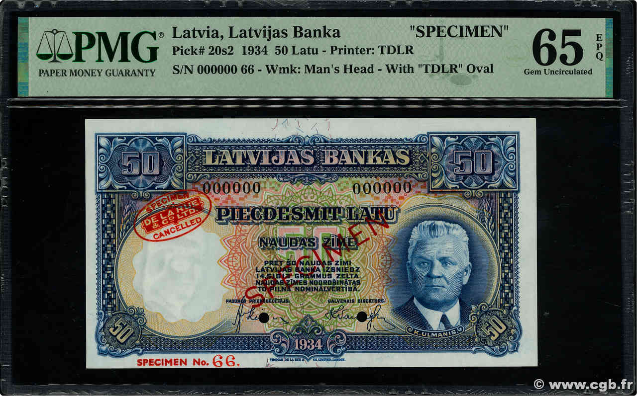 50 Latu Spécimen LETTLAND  1934 P.20s2 ST