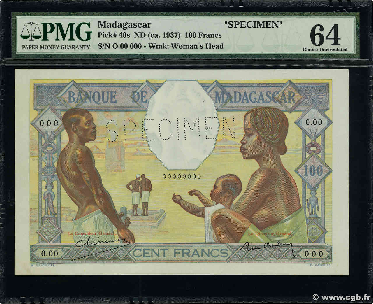 100 Francs Spécimen MADAGASCAR  1937 P.040s SC+