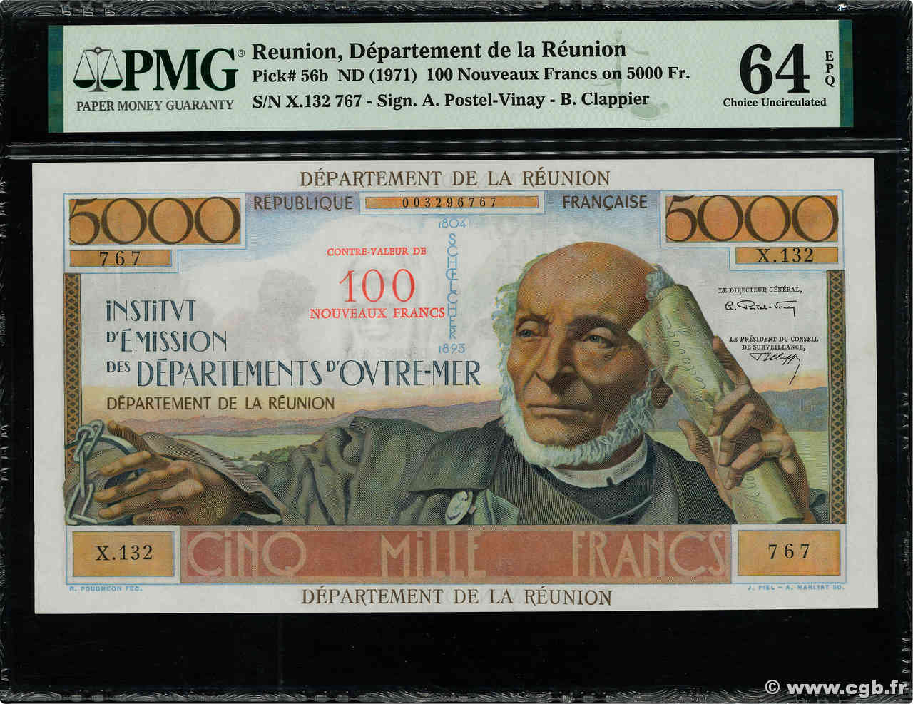 100 NF sur 5000 Francs Schoelcher ISOLA RIUNIONE  1971 P.56b q.FDC