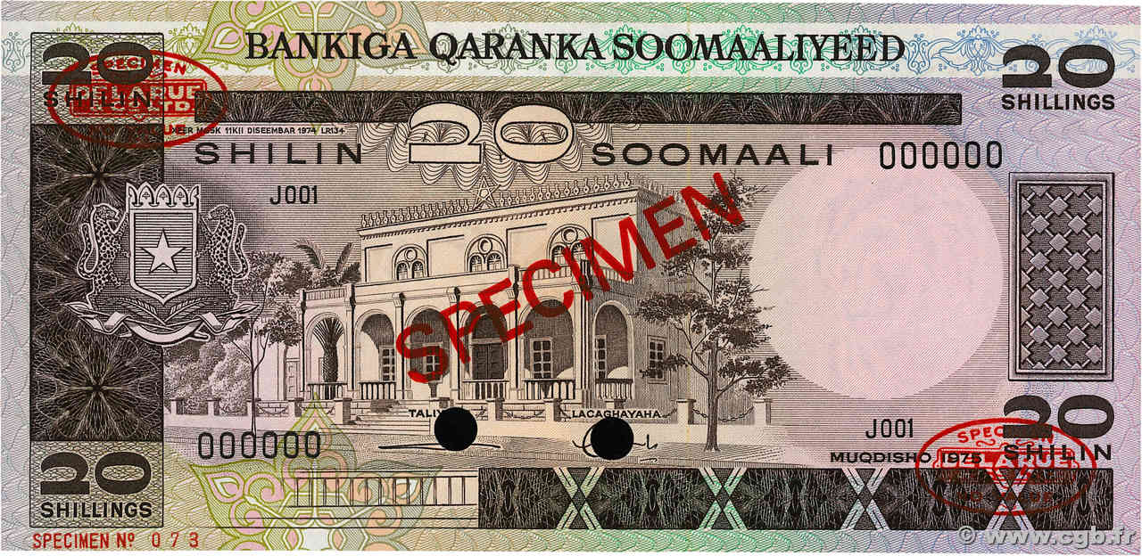 20 Shilin Spécimen SOMALIA  1975 P.19s FDC