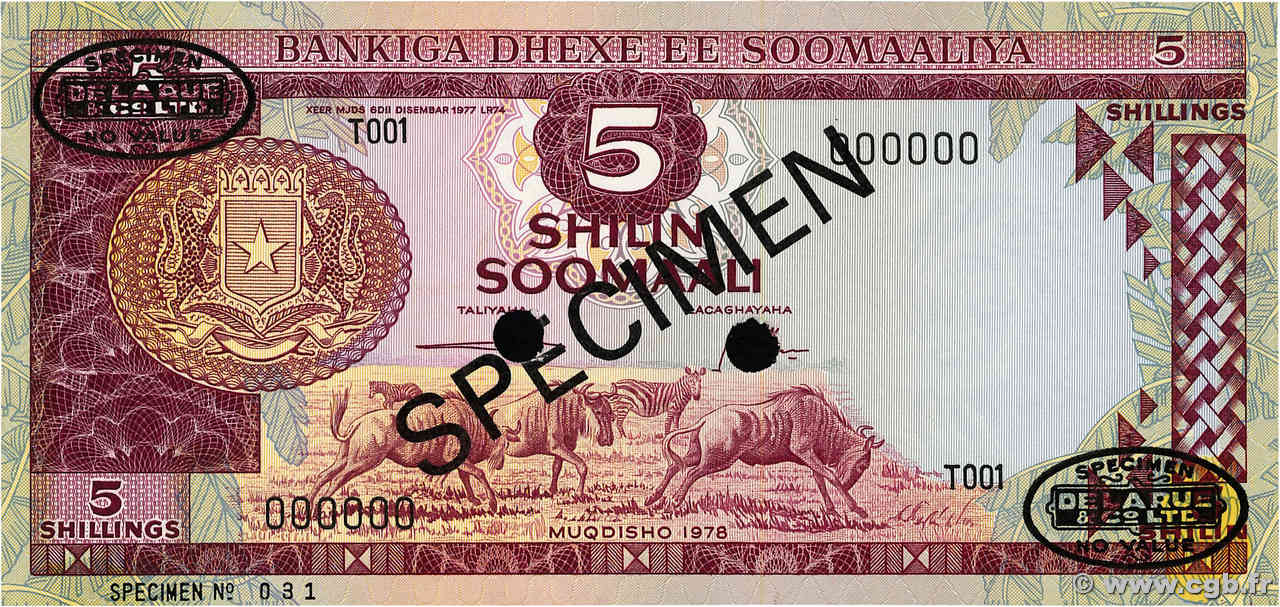 5 Shilin Spécimen SOMALIA  1978 P.20As UNC