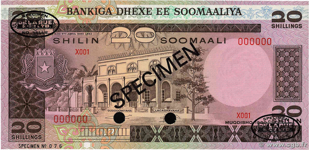 20 Shilin Spécimen SOMALIE  1980 P.27s NEUF