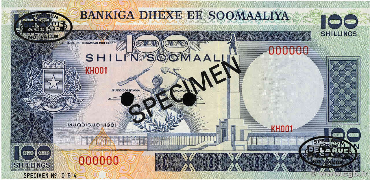 100 Shilin Spécimen SOMALIE  1981 P.30s NEUF