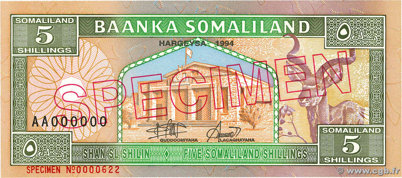 5 Shillings / 5 Shilin Spécimen SOMALILAND  1994 P.01s NEUF