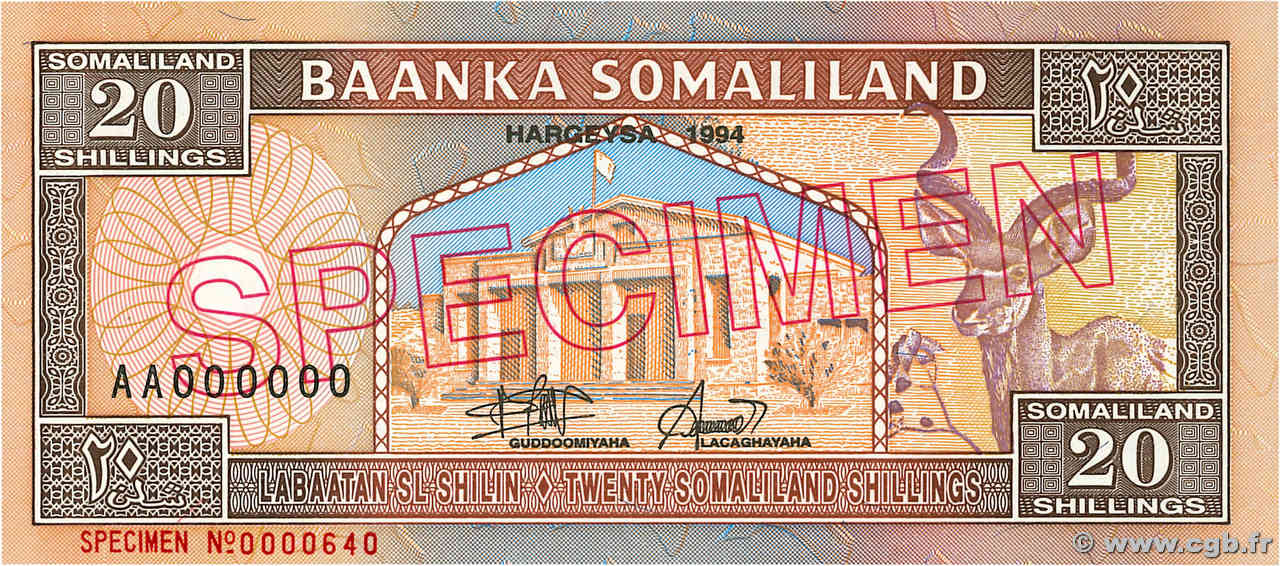 20 Shilin = 20 Shillings Spécimen SOMALILAND  1994 P.03as FDC