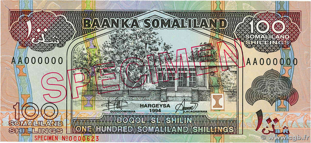 100 Shillings / 100 Shilin Spécimen SOMALILAND  1994 P.05as UNC