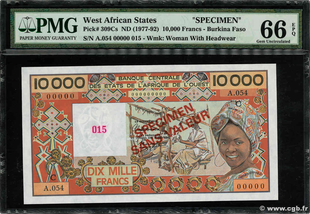 10000 Francs Spécimen WEST AFRICAN STATES  1989 P.309Cs UNC