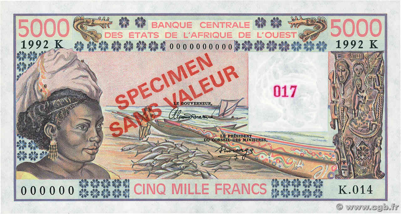 5000 Francs Spécimen WEST AFRICAN STATES  1992 P.708Kp UNC