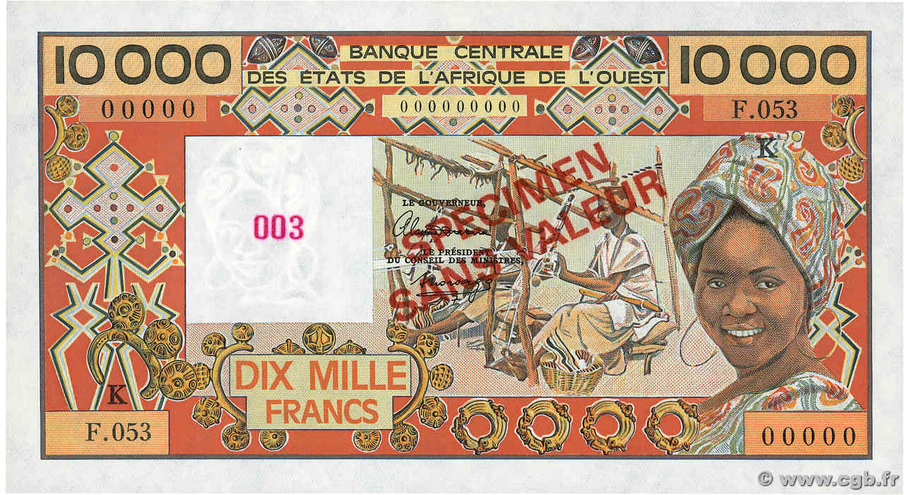 10000 Francs Spécimen ESTADOS DEL OESTE AFRICANO  1991 P.709Ks FDC