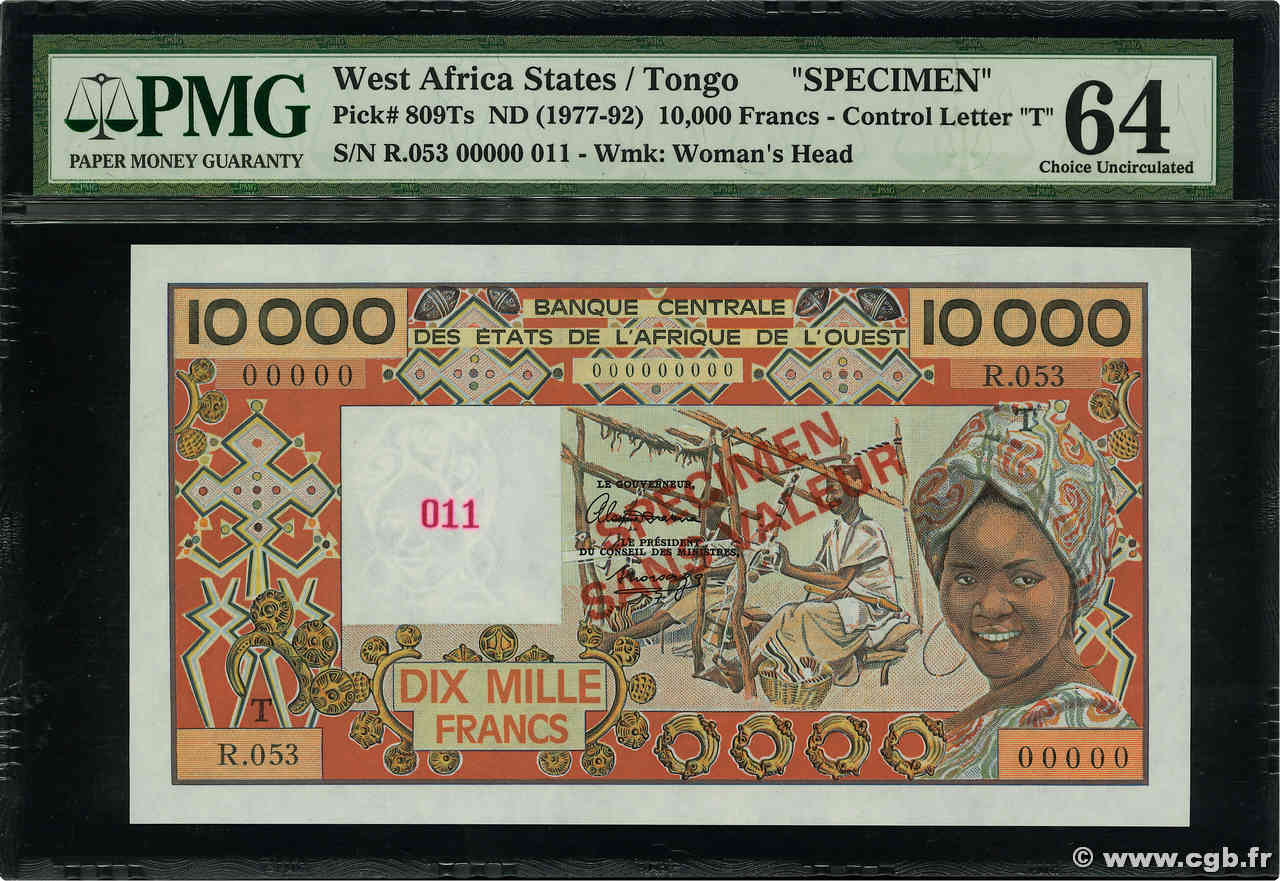 10000 Francs Spécimen ÉTATS DE L AFRIQUE DE L OUEST  1992 P.809Ts pr.NEUF