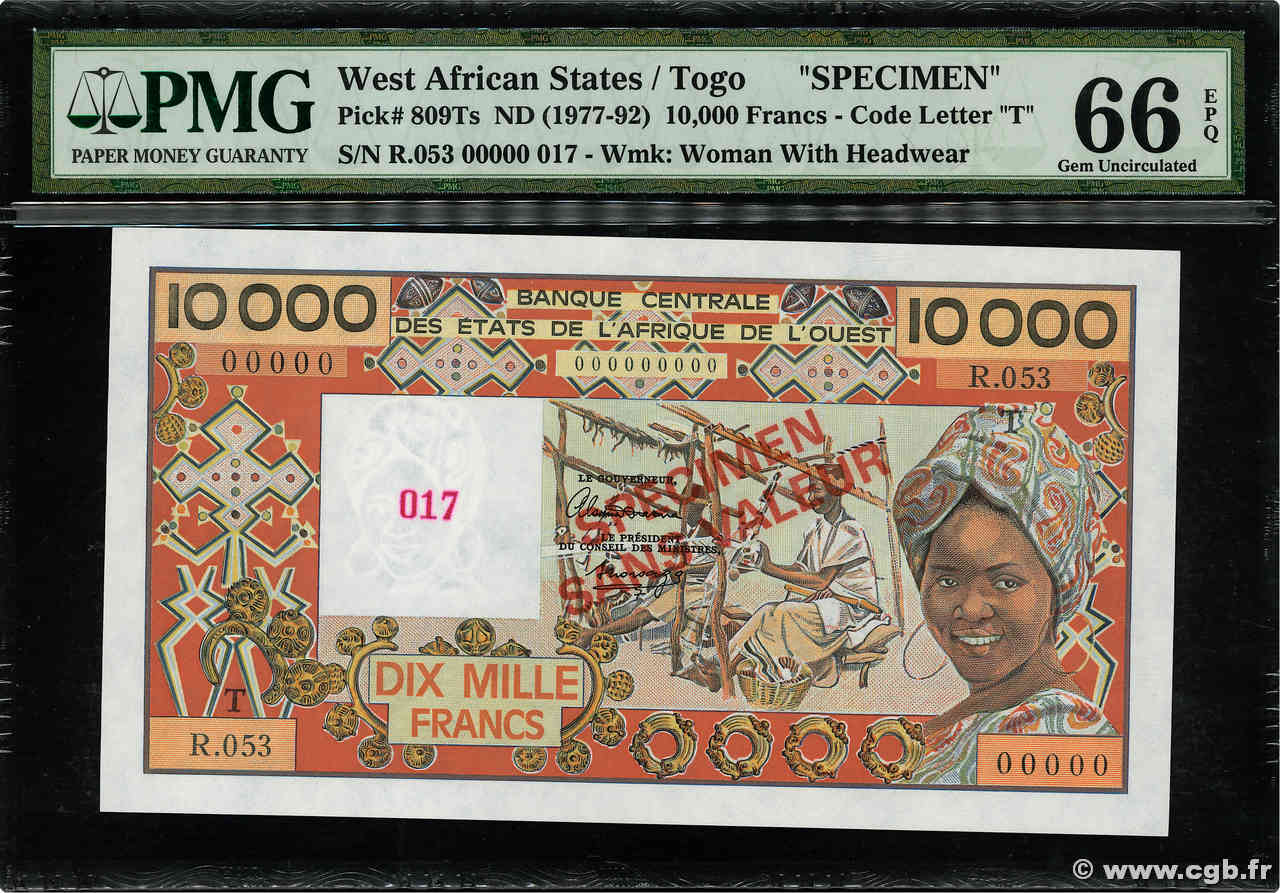 10000 Francs Spécimen ÉTATS DE L AFRIQUE DE L OUEST  1992 P.809Ts NEUF