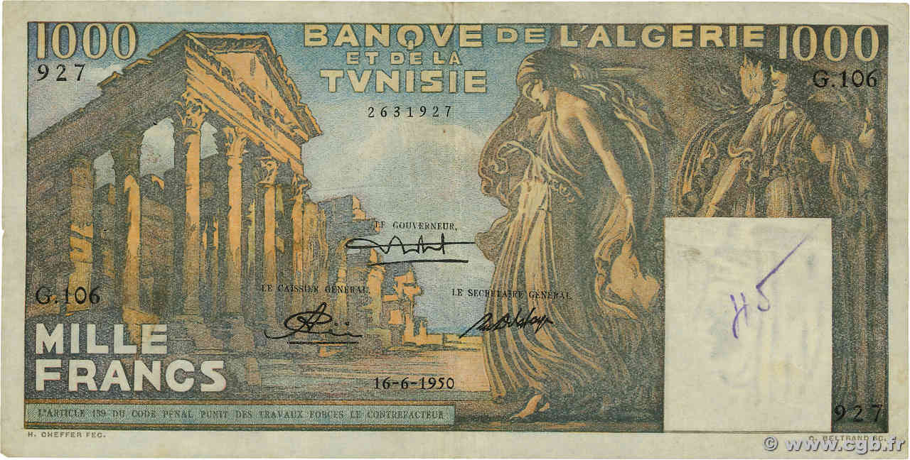1000 Francs TUNISIE  1950 P.29 TB