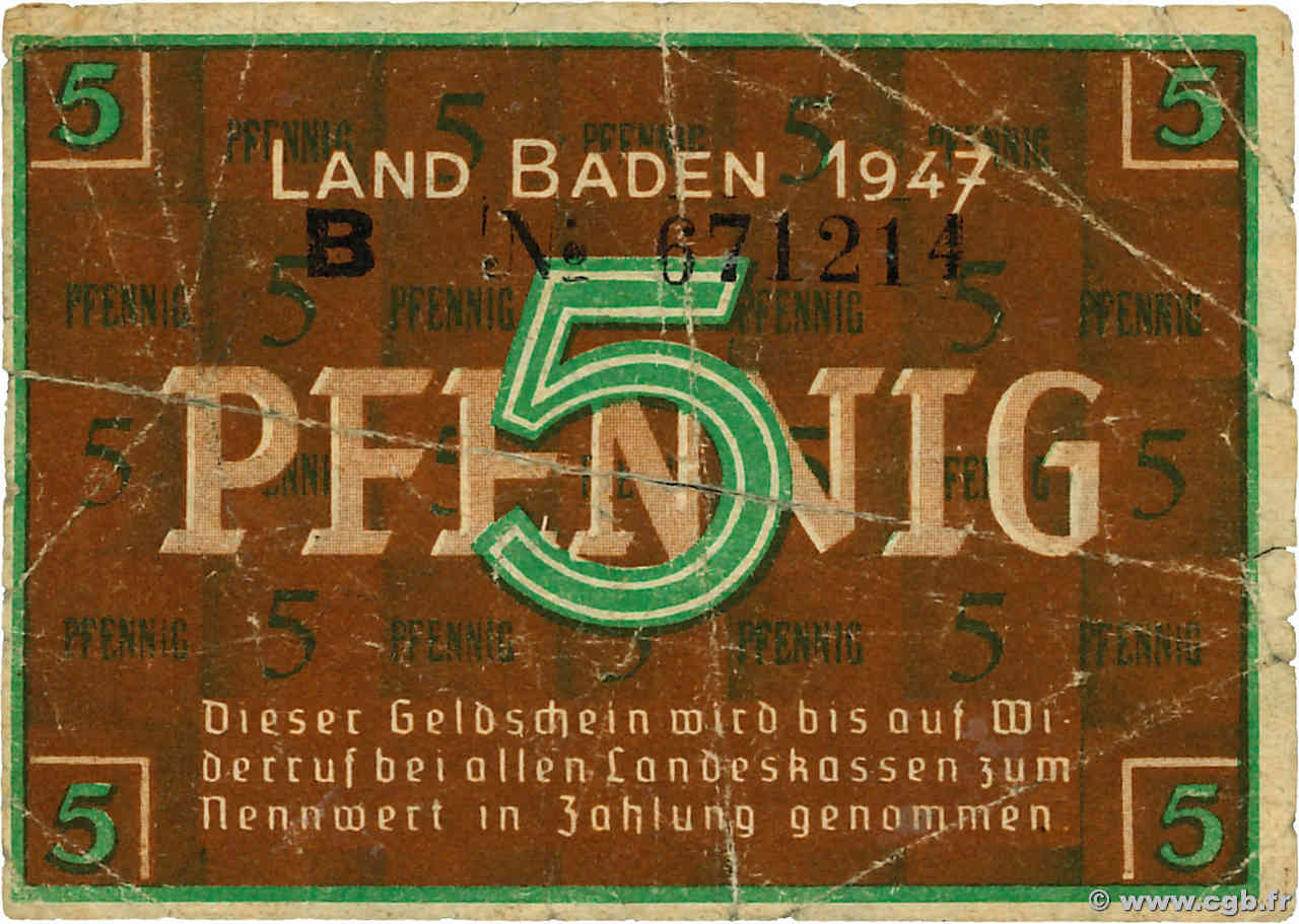 5 Pfennig GERMANIA Baden 1947 PS.1001a q.MB