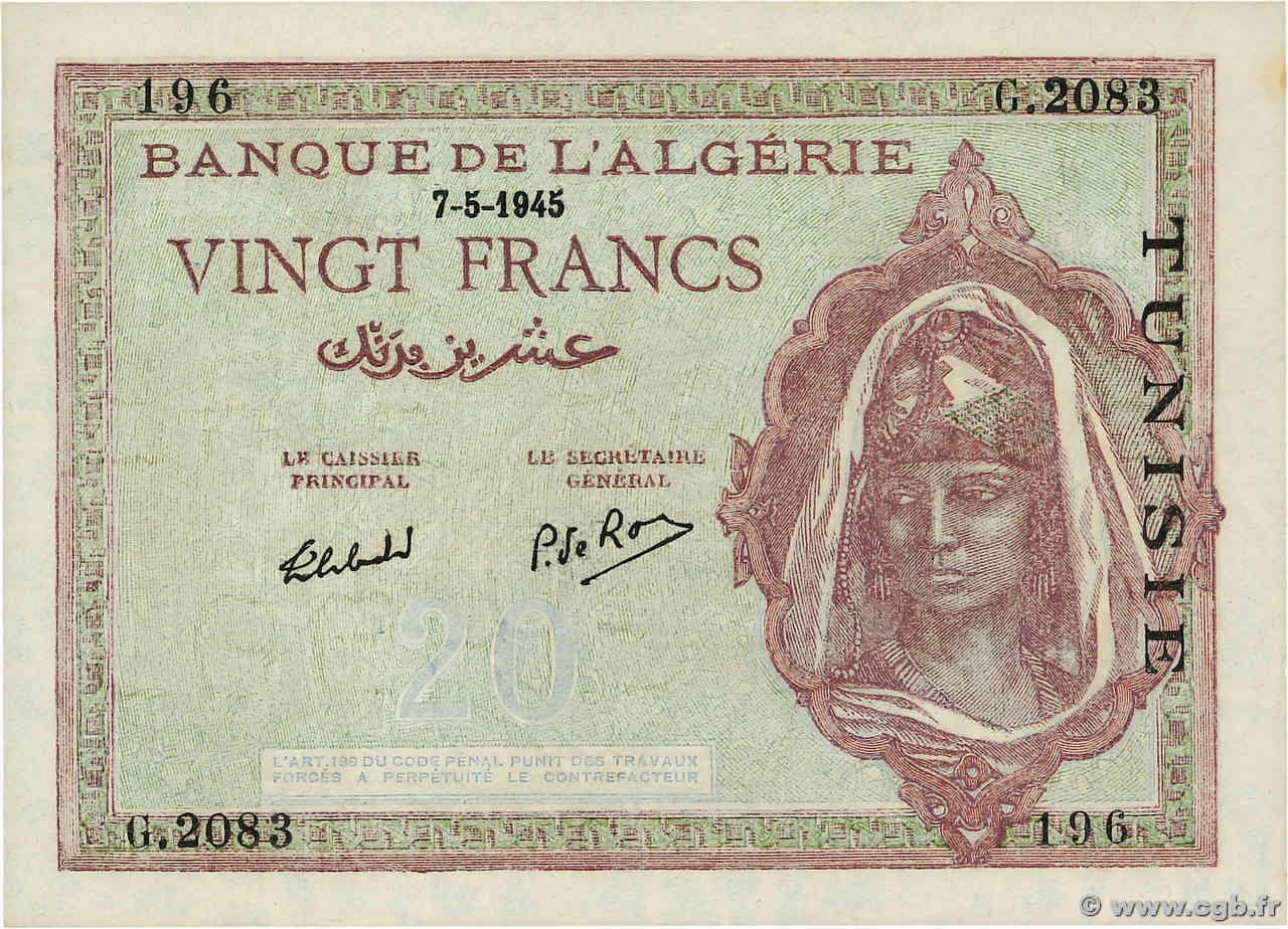20 Francs TUNISIE  1945 P.18 SPL+