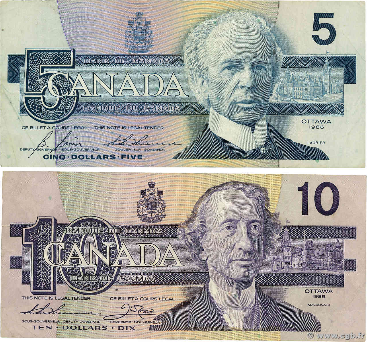 5 et 10 Dollars Lot CANADA  1986 P.095c et P.096a TB