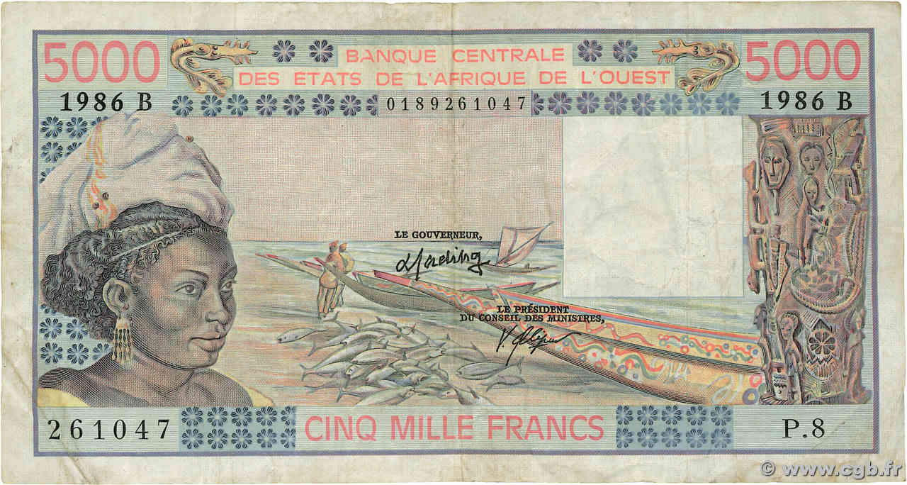 5000 Francs WEST AFRICAN STATES  1986 P.208Bj F