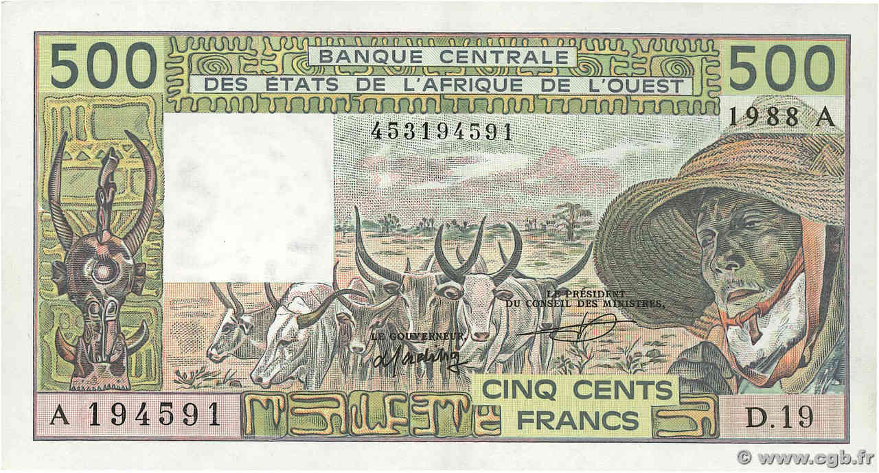 500 Francs ÉTATS DE L AFRIQUE DE L OUEST  1988 P.106Aa SUP+