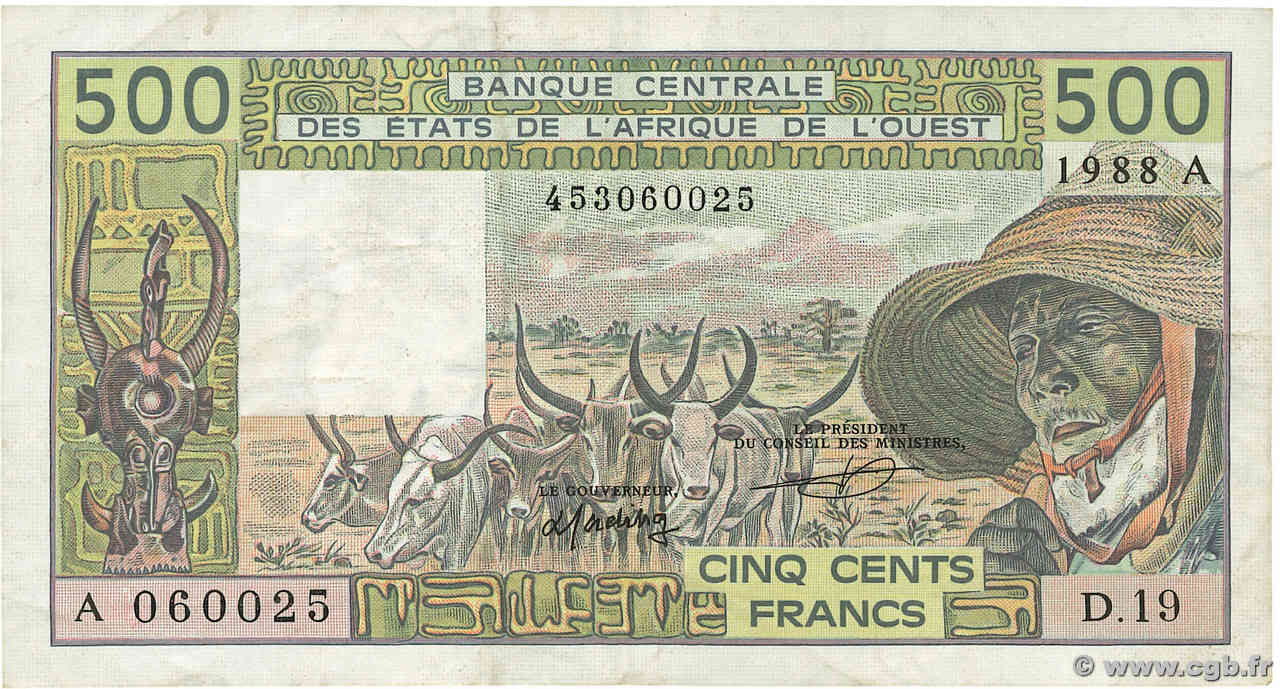 500 Francs ESTADOS DEL OESTE AFRICANO  1988 P.106Aa BC+