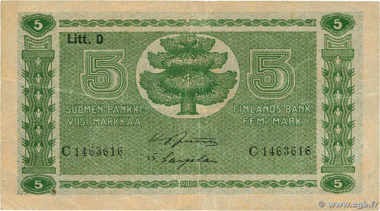 5 Markkaa FINLAND  1939 P.069a VF