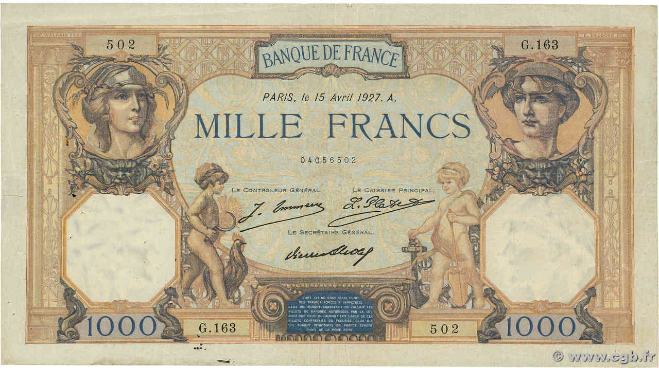 1000 Francs CÉRÈS ET MERCURE FRANCE  1927 F.37.01 TB