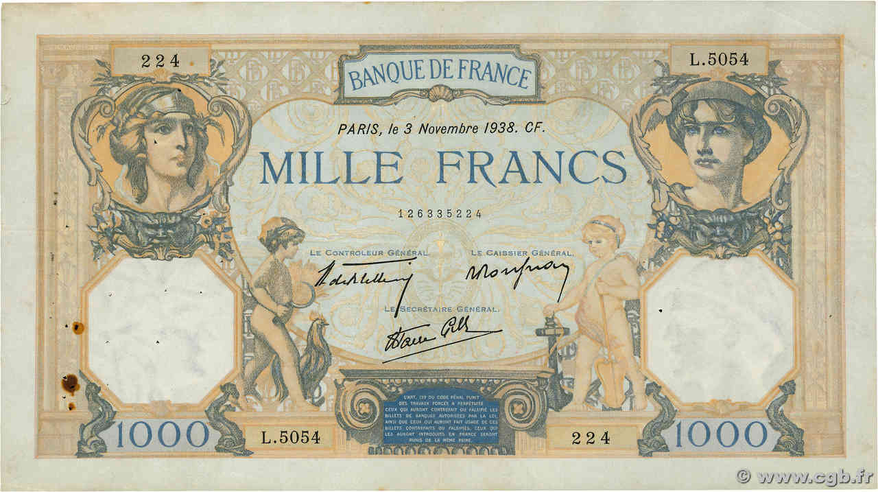1000 Francs CÉRÈS ET MERCURE type modifié FRANCE  1938 F.38.32 TTB