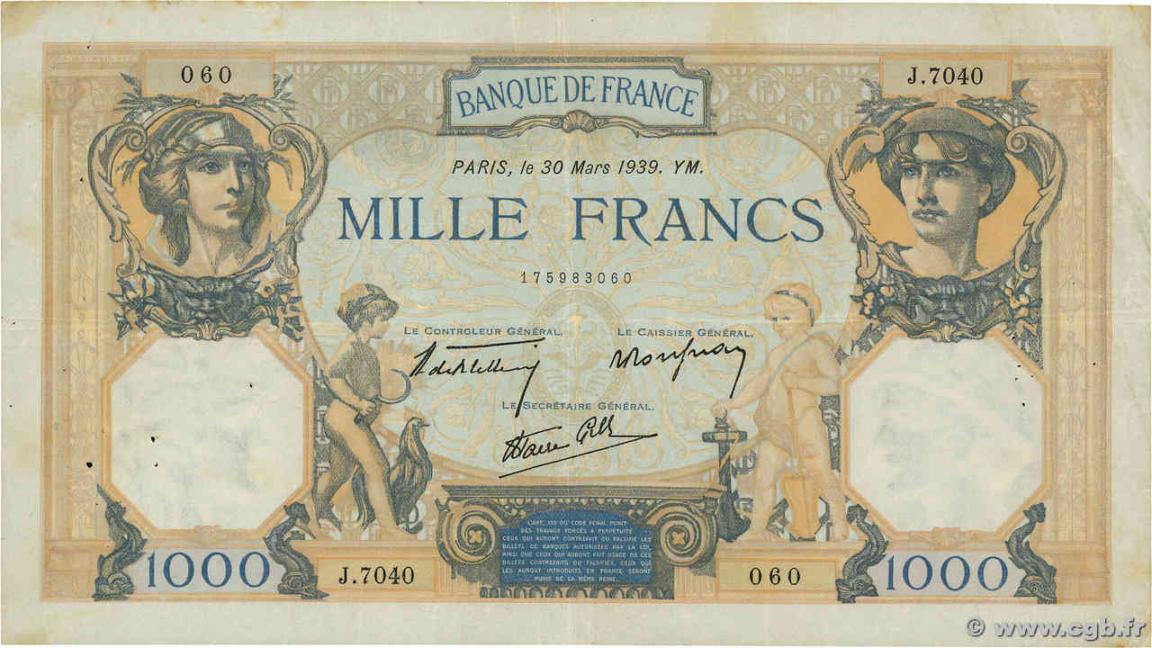1000 Francs CÉRÈS ET MERCURE type modifié FRANCE  1939 F.38.35 TTB