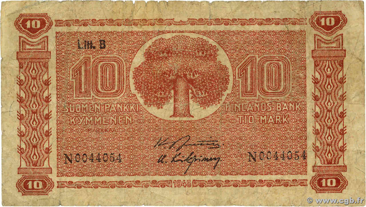 10 Markkaa FINNLAND  1945 P.085 SGE