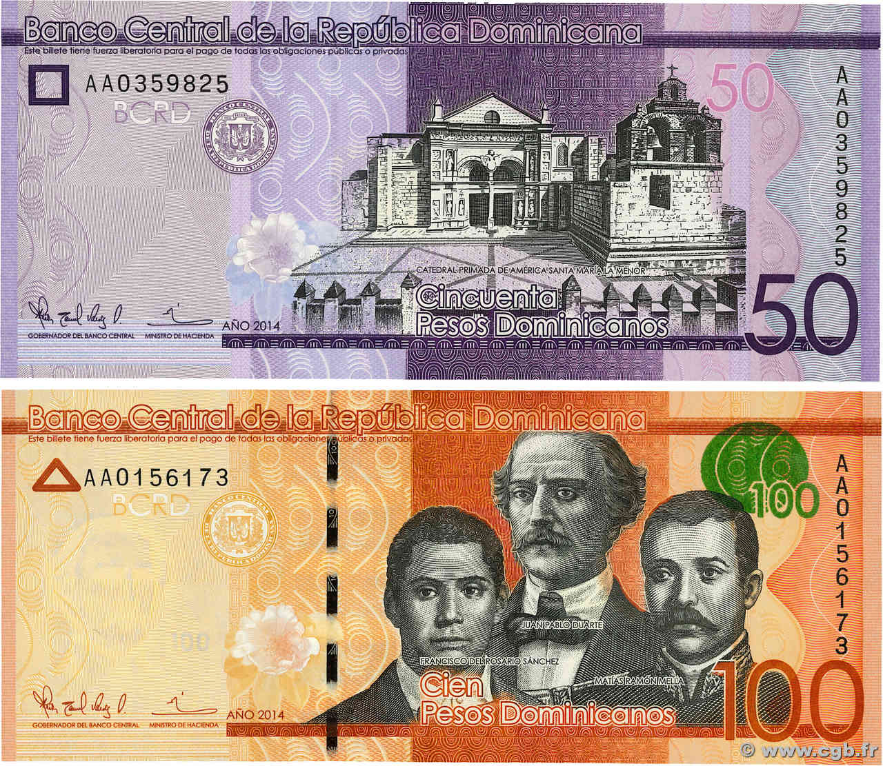 50 et 100 Pesos Dominicanos Lot RÉPUBLIQUE DOMINICAINE  2014 P.189 et P.190 ST