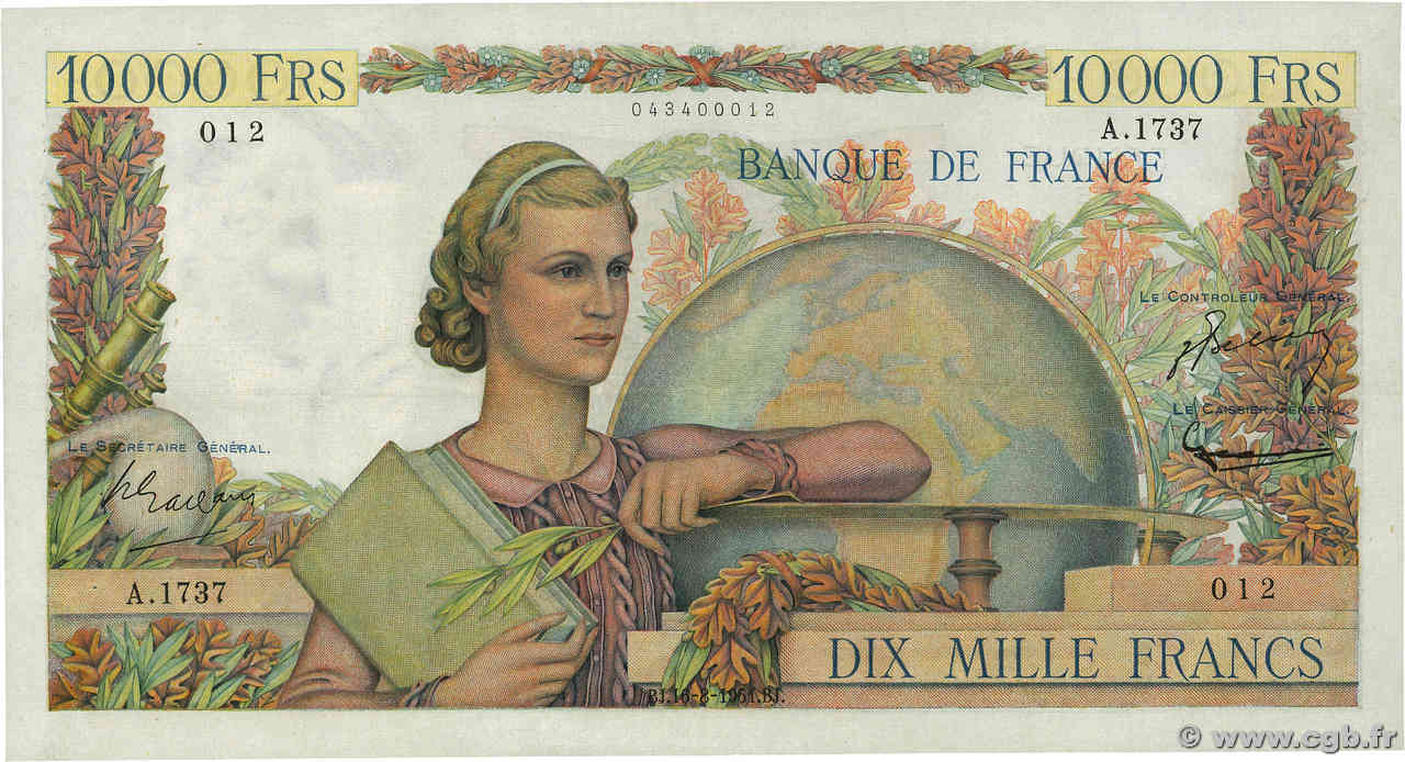 10000 Francs GÉNIE FRANÇAIS FRANCE  1951 F.50.53 XF