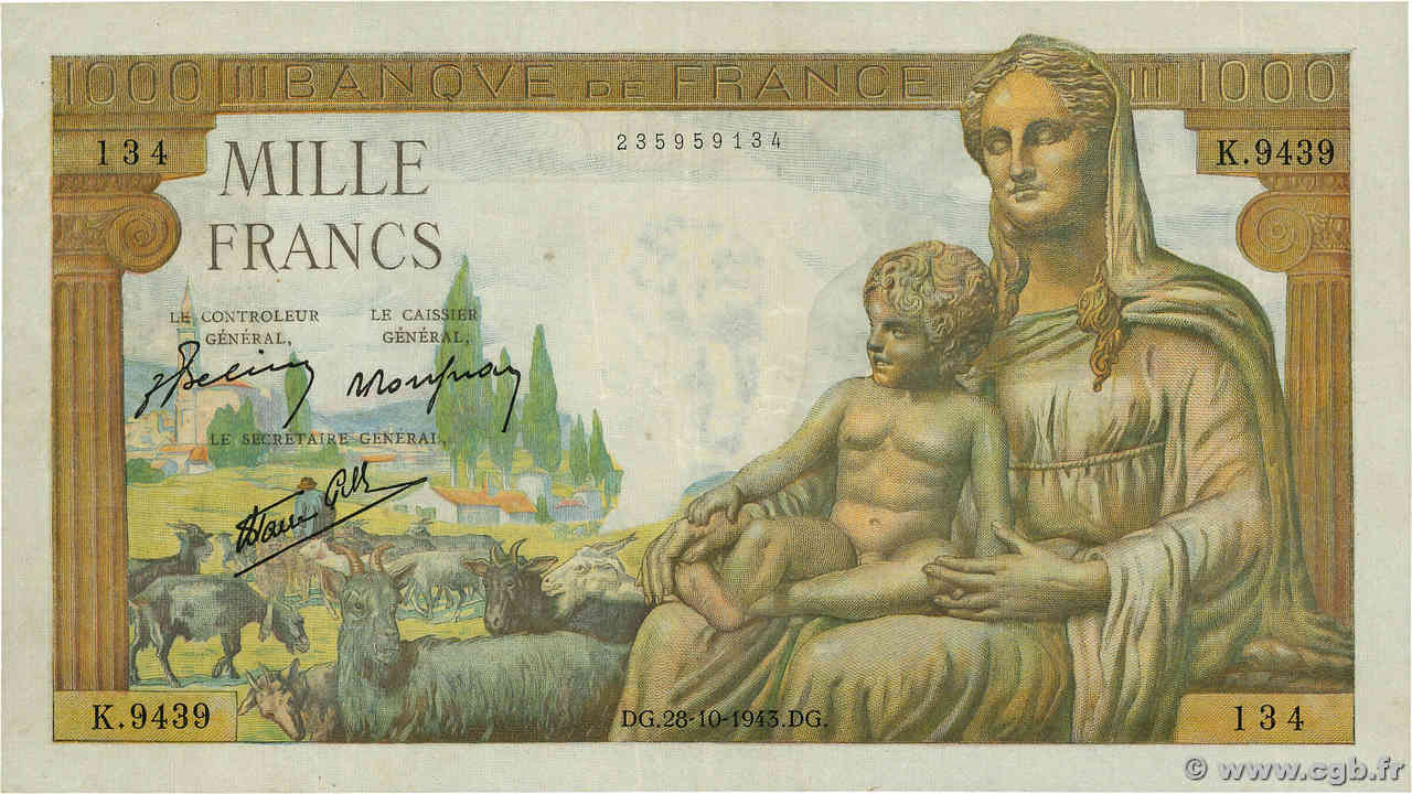 1000 Francs DÉESSE DÉMÉTER FRANCE  1943 F.40.38 pr.TTB