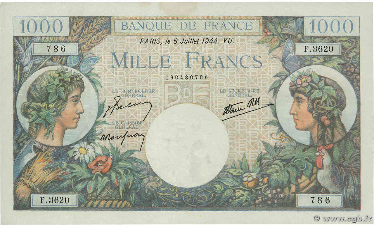 1000 Francs COMMERCE ET INDUSTRIE FRANCE  1944 F.39.10 SPL