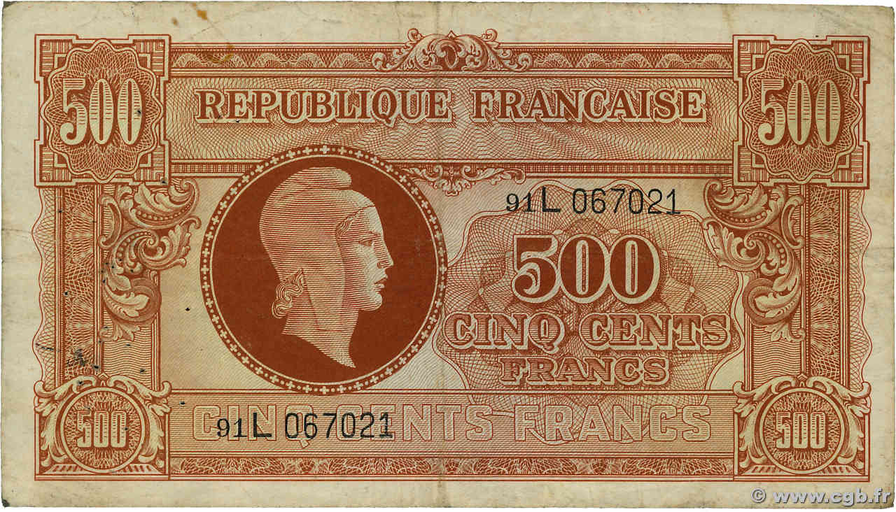 500 Francs MARIANNE fabrication anglaise FRANCE  1945 VF.11.01 TB