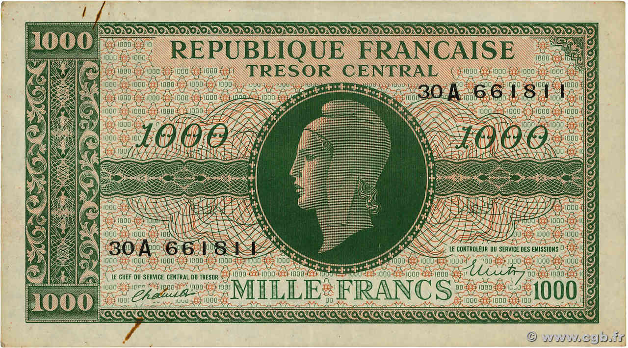 1000 Francs MARIANNE BANQUE D ANGLETERRE FRANKREICH  1945 VF.12.01 SS