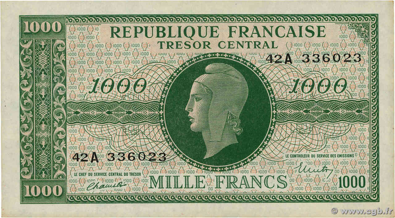 1000 Francs MARIANNE BANQUE D ANGLETERRE FRANCIA  1945 VF.12.01 SPL