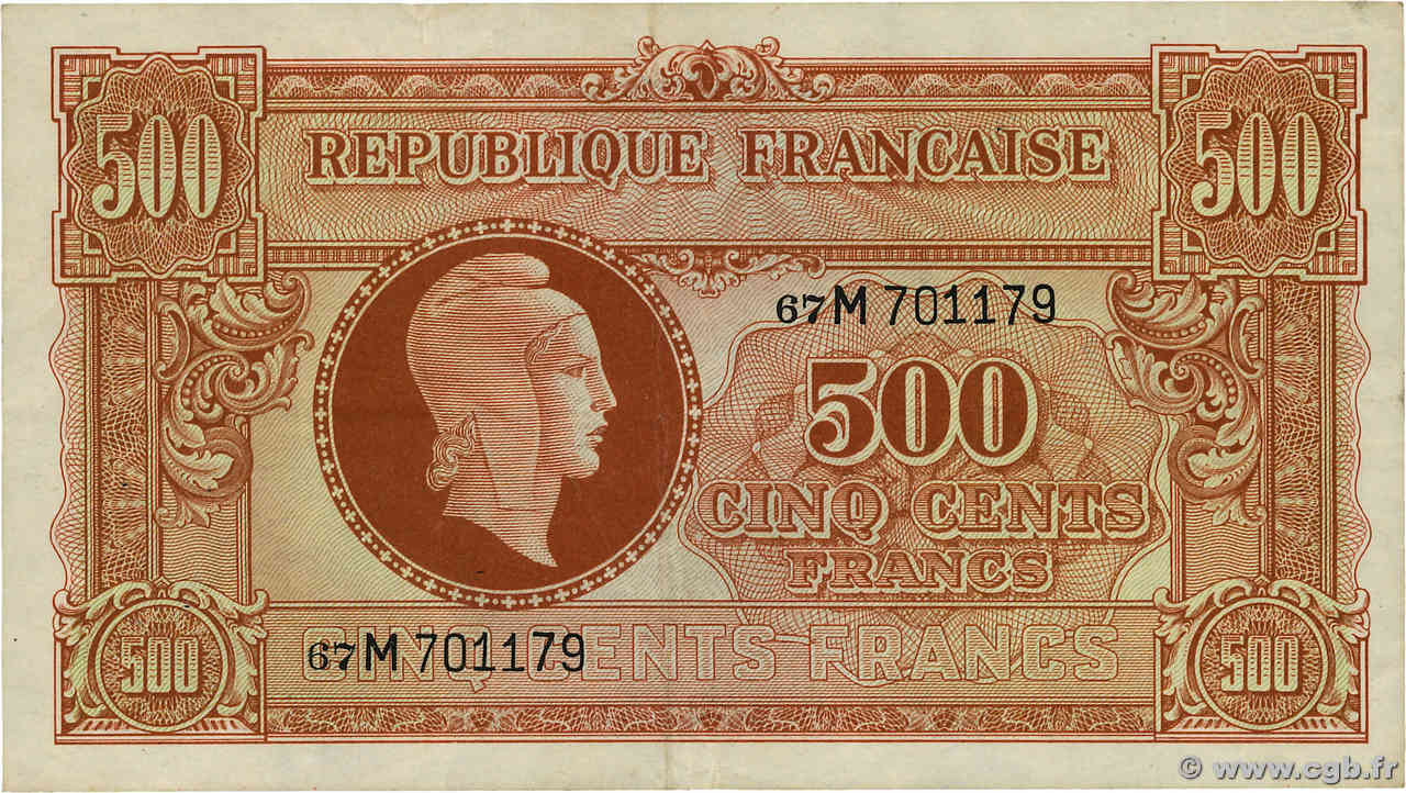 500 Francs MARIANNE fabrication anglaise FRANCIA  1945 VF.11.02 MBC