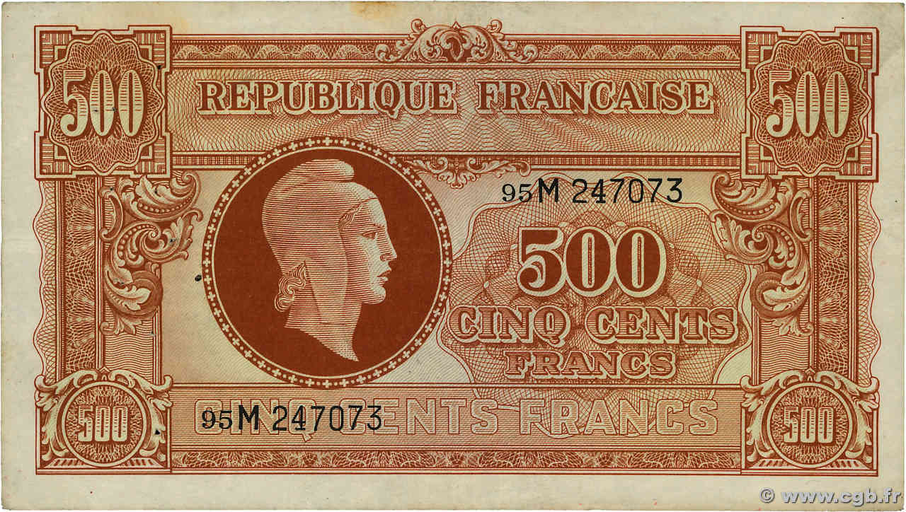 500 Francs MARIANNE fabrication anglaise FRANKREICH  1945 VF.11.02 fSS