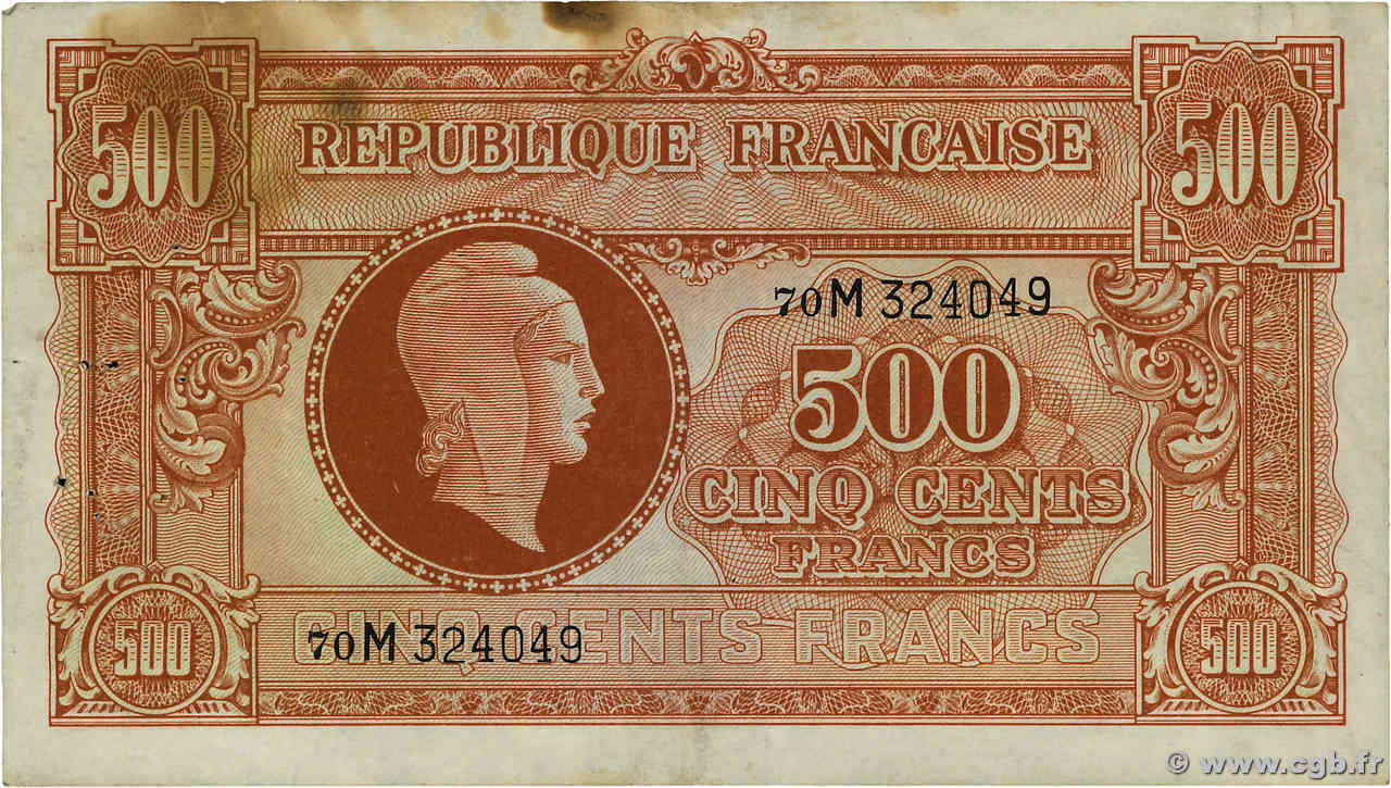 500 Francs MARIANNE fabrication anglaise FRANKREICH  1945 VF.11.02 S