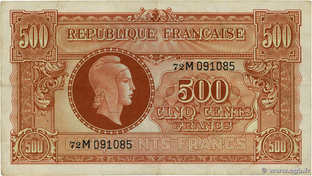 500 Francs MARIANNE fabrication anglaise FRANKREICH  1945 VF.11.02 fSS