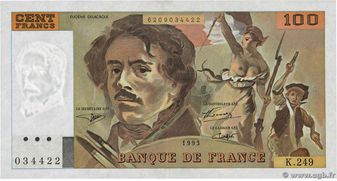 100 Francs DELACROIX imprimé en continu FRANCIA  1993 F.69bis.08 SPL+