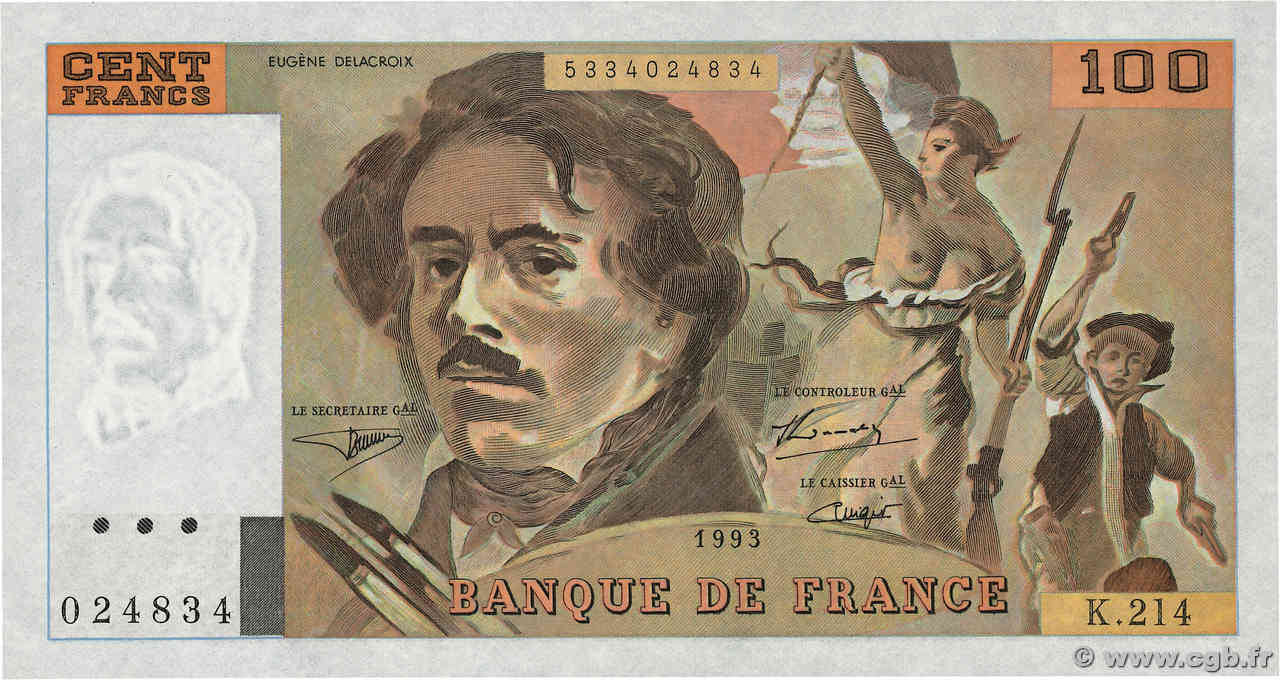 100 Francs DELACROIX imprimé en continu FRANKREICH  1993 F.69bis.05 fST+