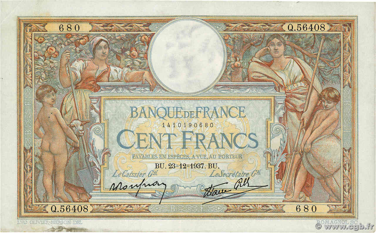 100 Francs LUC OLIVIER MERSON type modifié FRANCE  1937 F.25.06 VF