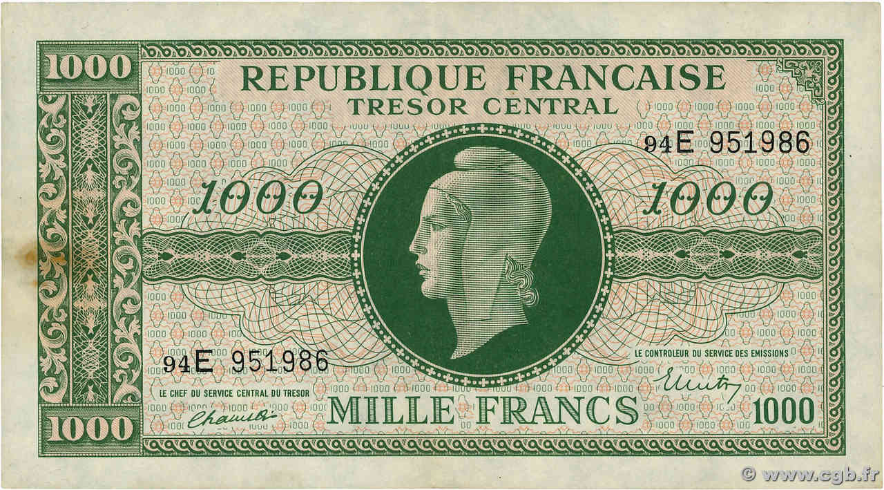 1000 Francs MARIANNE THOMAS DE LA RUE FRANCE  1945 VF.13.02 VF+