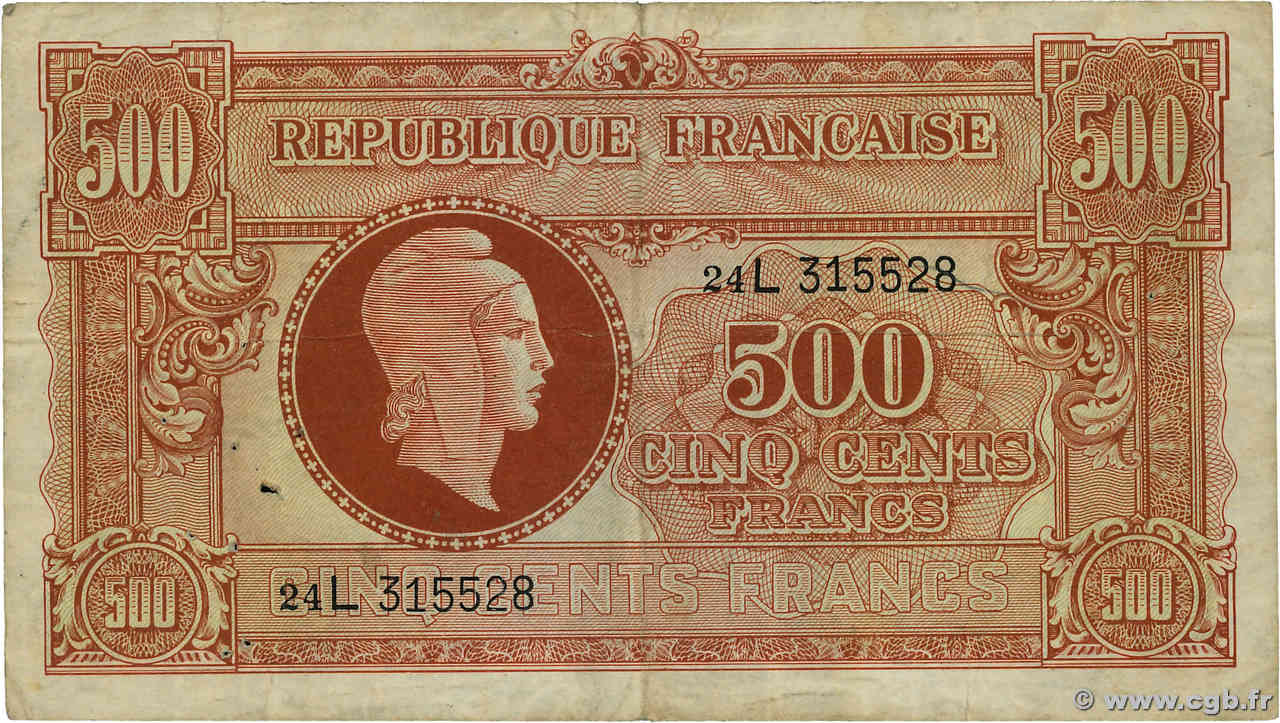 500 Francs MARIANNE fabrication anglaise FRANCE  1945 VF.11.01 TB